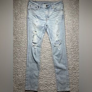 American Eagle Jeans Mens 33 x 30 Stacked Skinny Light Wash Distressed Flex Hole